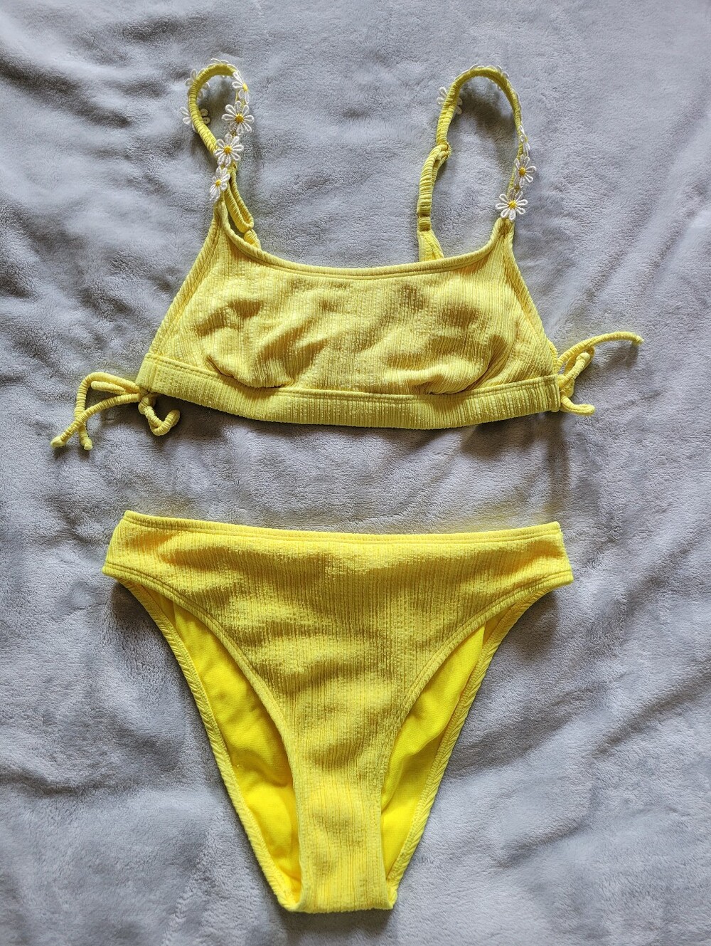 No Boundries| Yellow Ribbed Two-Piece Swim Set with Daisy Straps